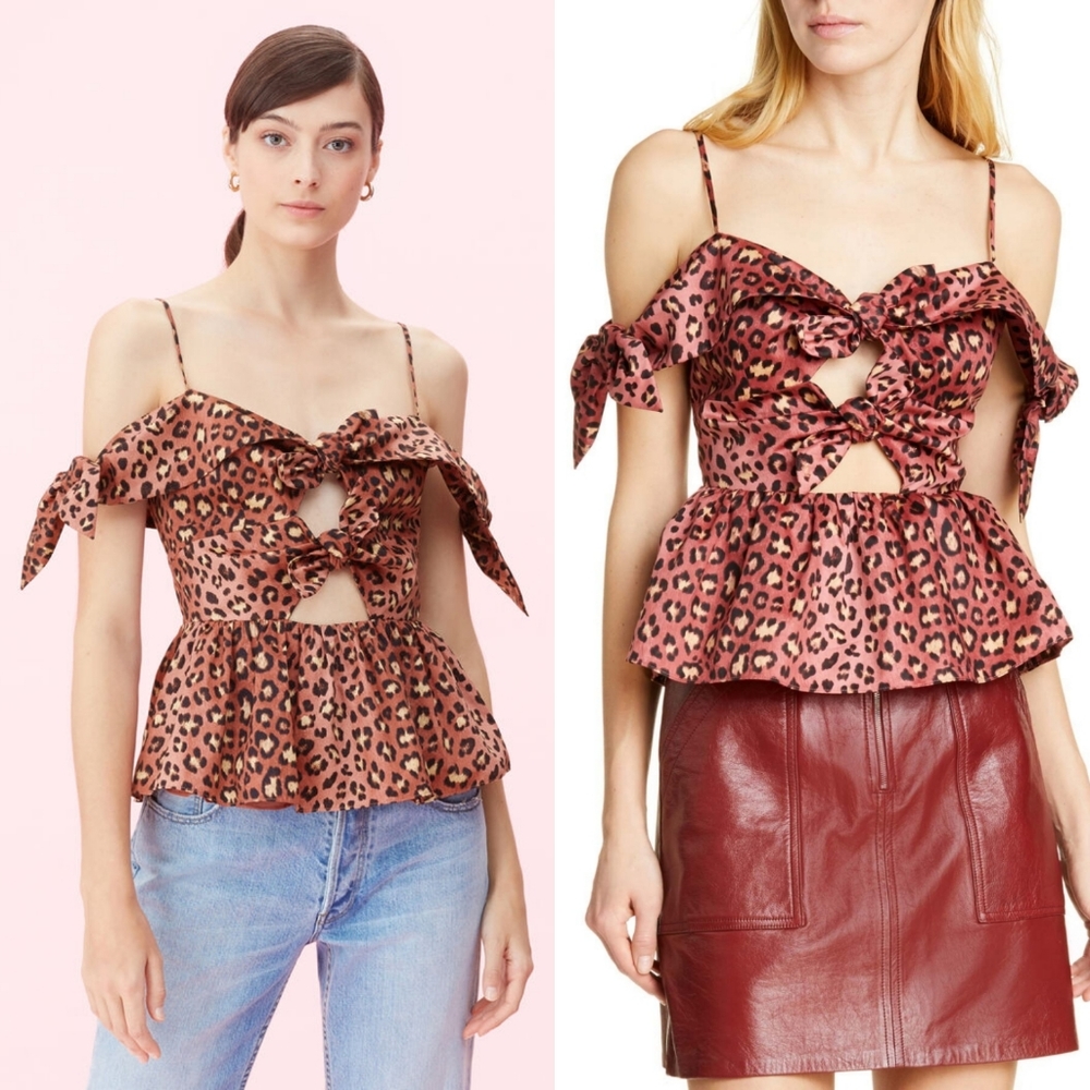 Rebecca Taylor Off Shoulder Peplum Leopard Bow Top